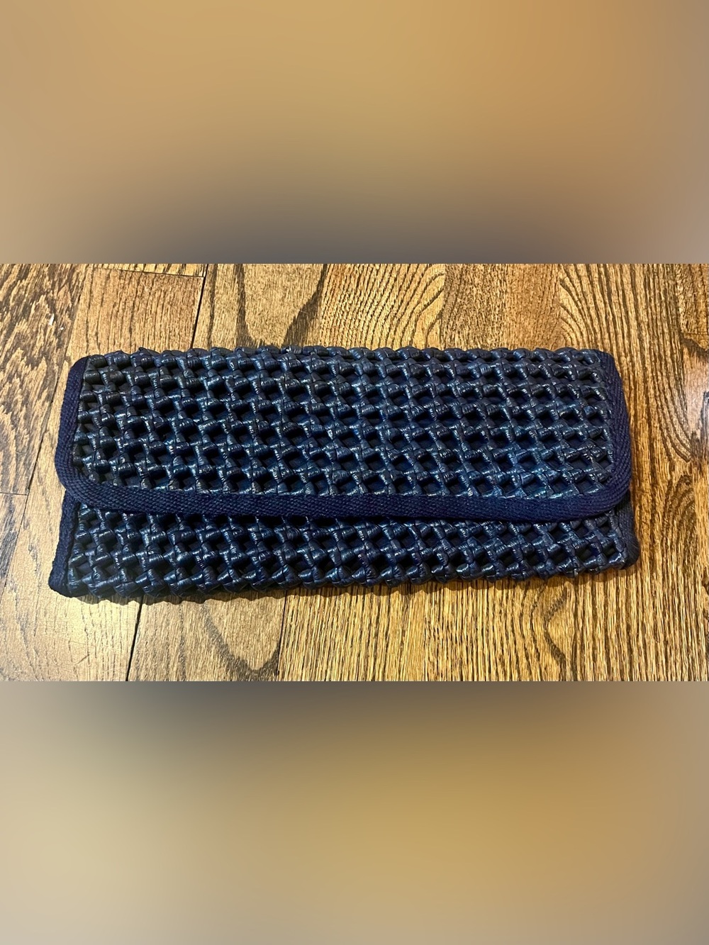 Epitome Italian Wicker Clutch Handbag, Blue Vinyl Fabric Lining